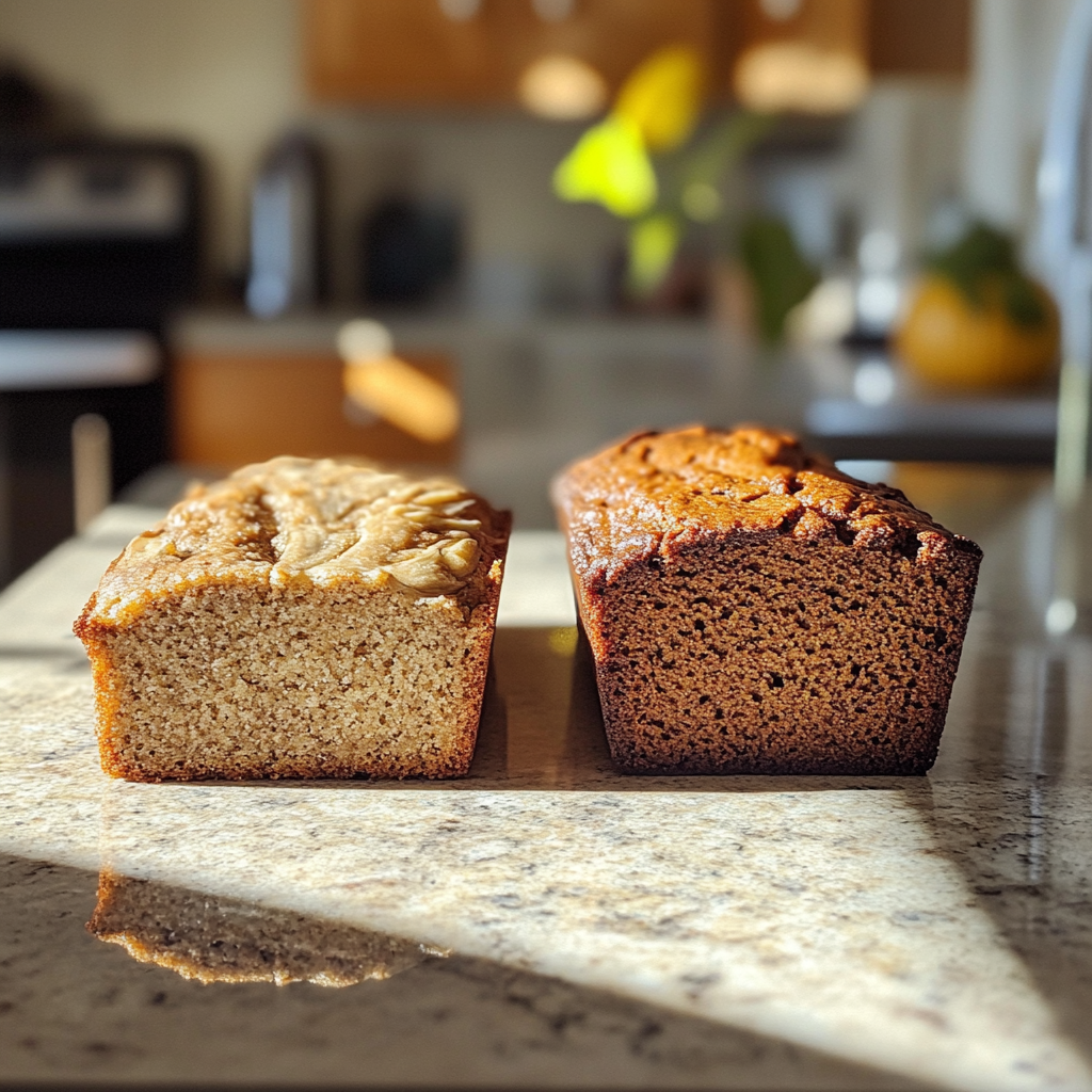 Ein Laib Bananenbrot und ein Laib Kürbisbrot auf einer Theke | Quelle: Midjourney