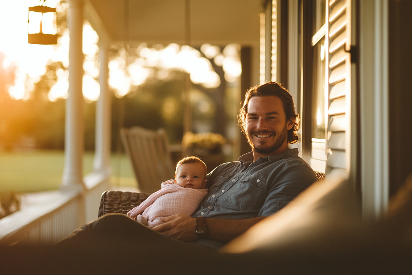 Ein Mann sitzt lächelnd auf einer Veranda und hält ein Baby in einer rosafarbenen Decke | Quelle: Midjourney