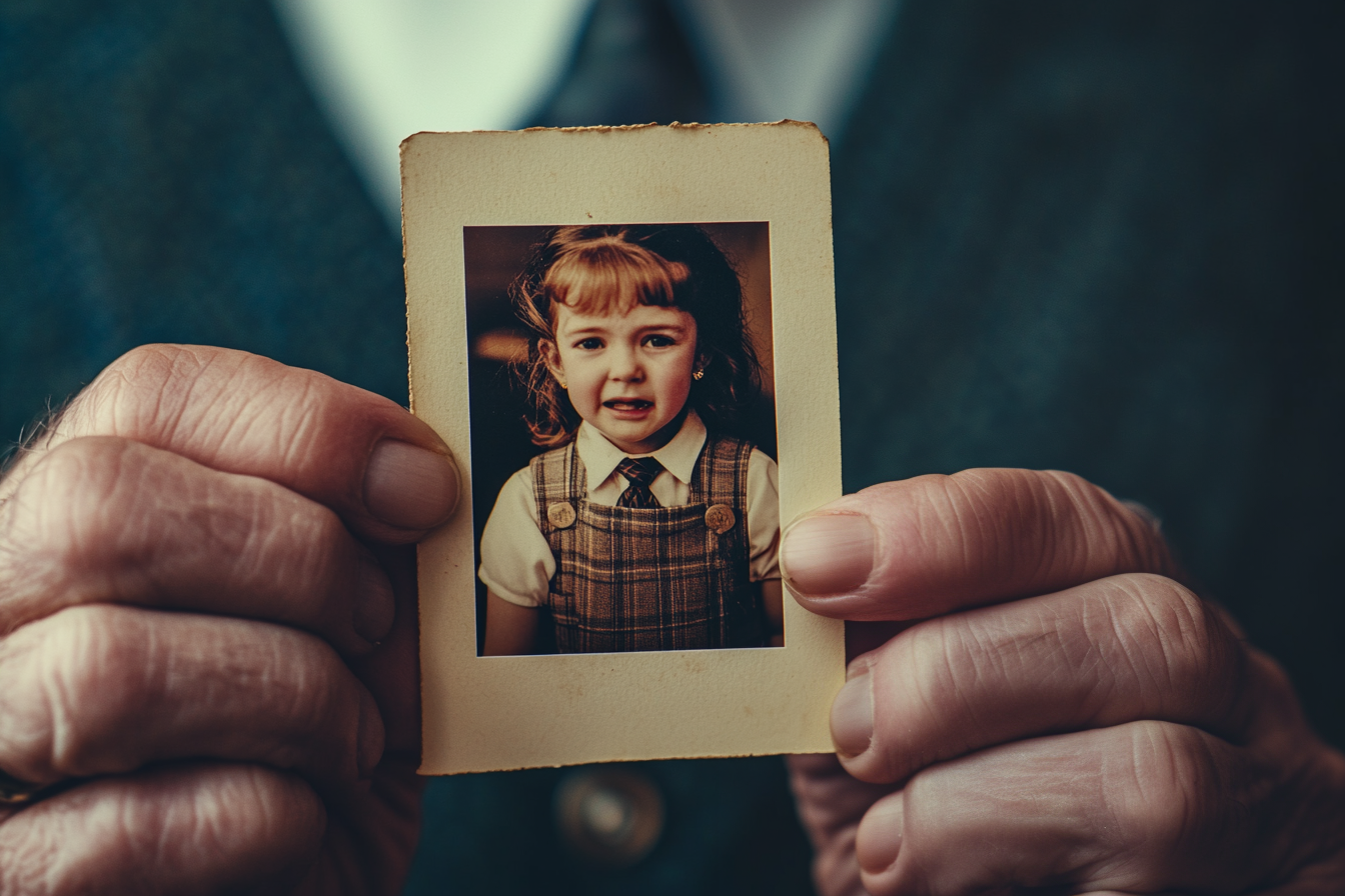 Ein älterer Mann hält ein altes Foto eines weinenden kleinen Mädchens in Schuluniform in der Hand | Quelle: Midjourney