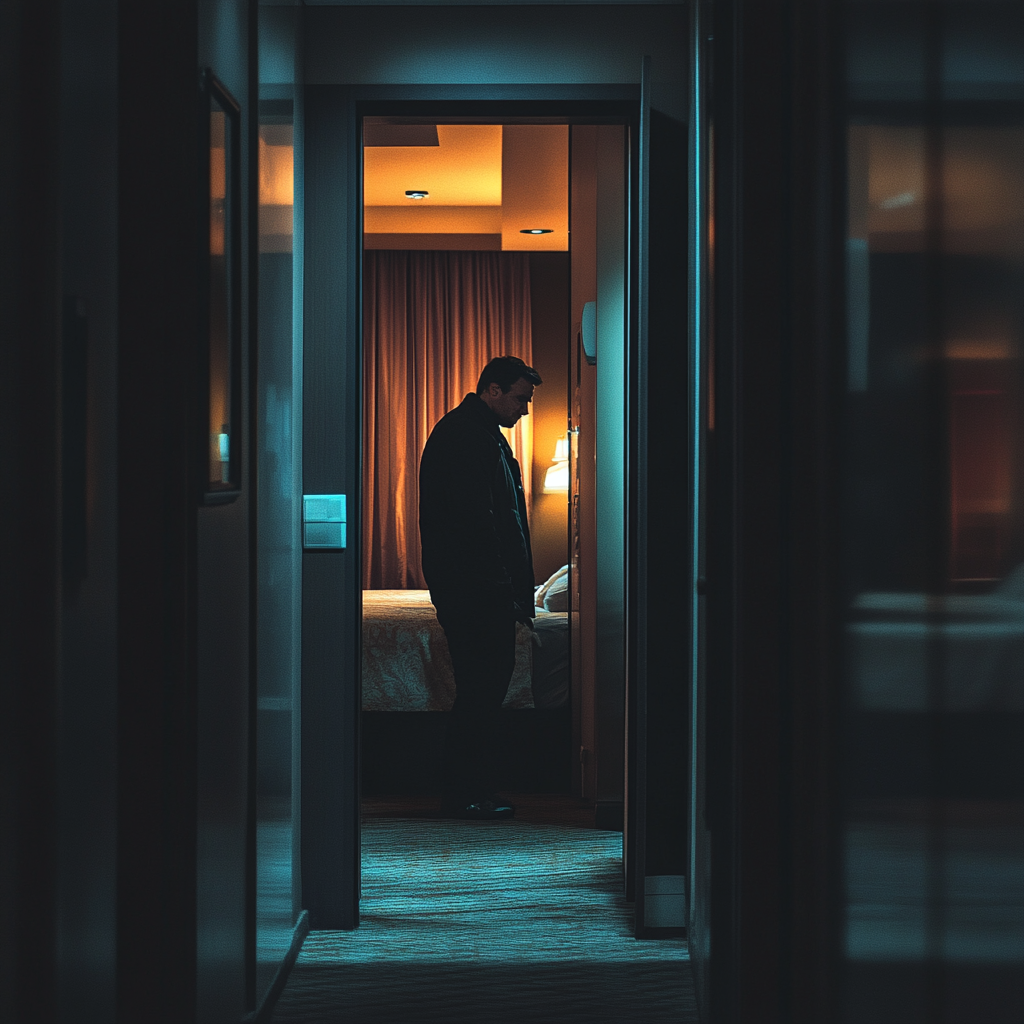 Ein Mann steht in seinem Hotelzimmer in der Nacht | Quelle: Midjourney