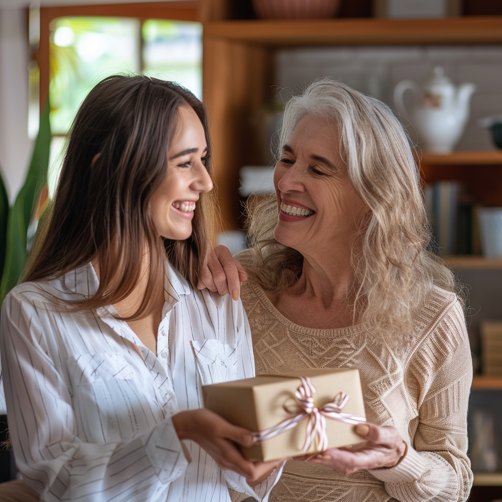 Eine junge Frau überreicht ihrer Mutter ein Geschenk | Quelle: Midjourney