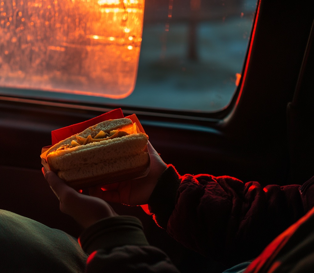 Ein Jugendlicher hält ein Sandwich in einer Verpackung | Quelle: Midjourney