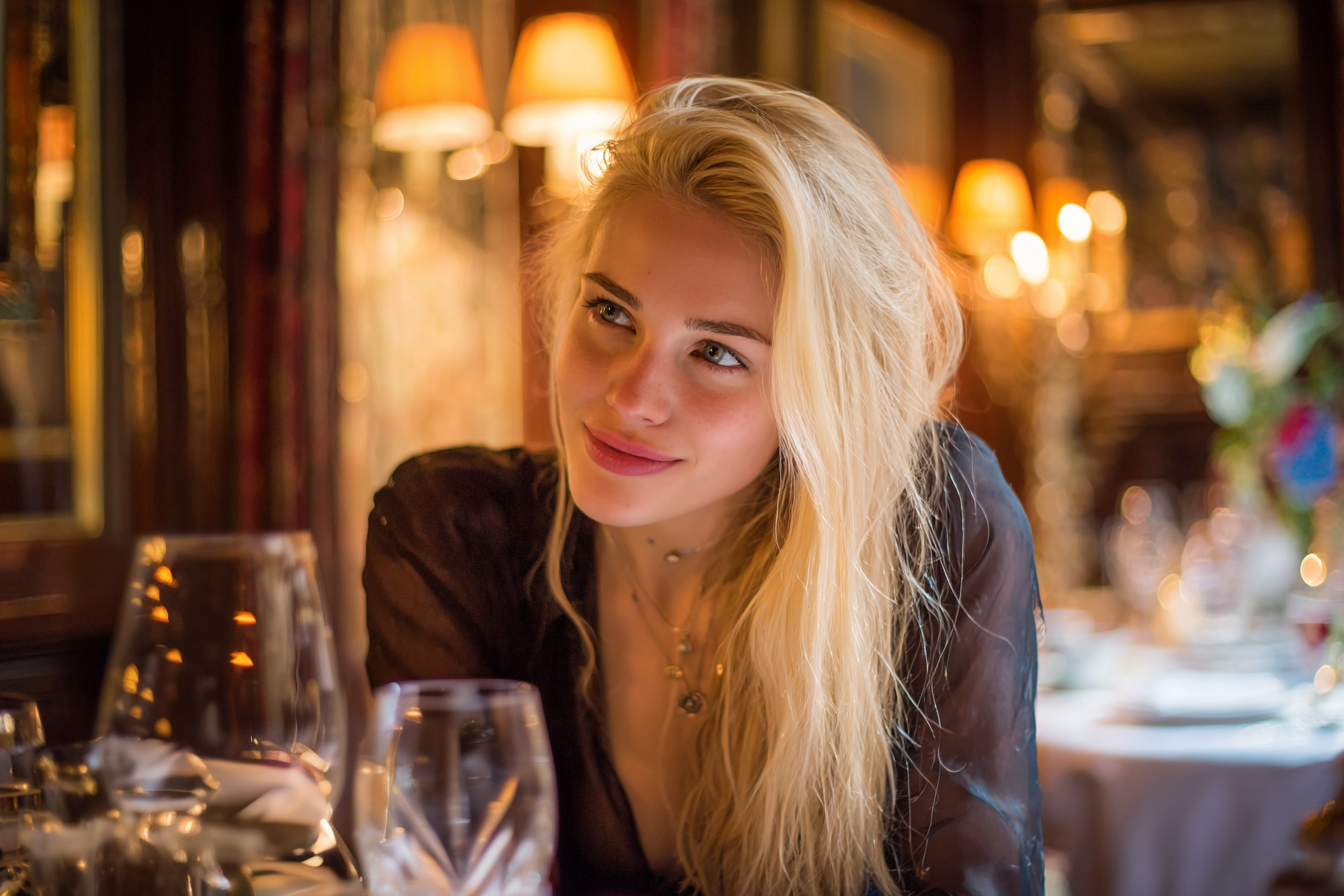 Eine Frau mit einem grimmigen Blick in ihren Augen, die jemanden in einem Restaurant anlächelt | Quelle: Midjourney