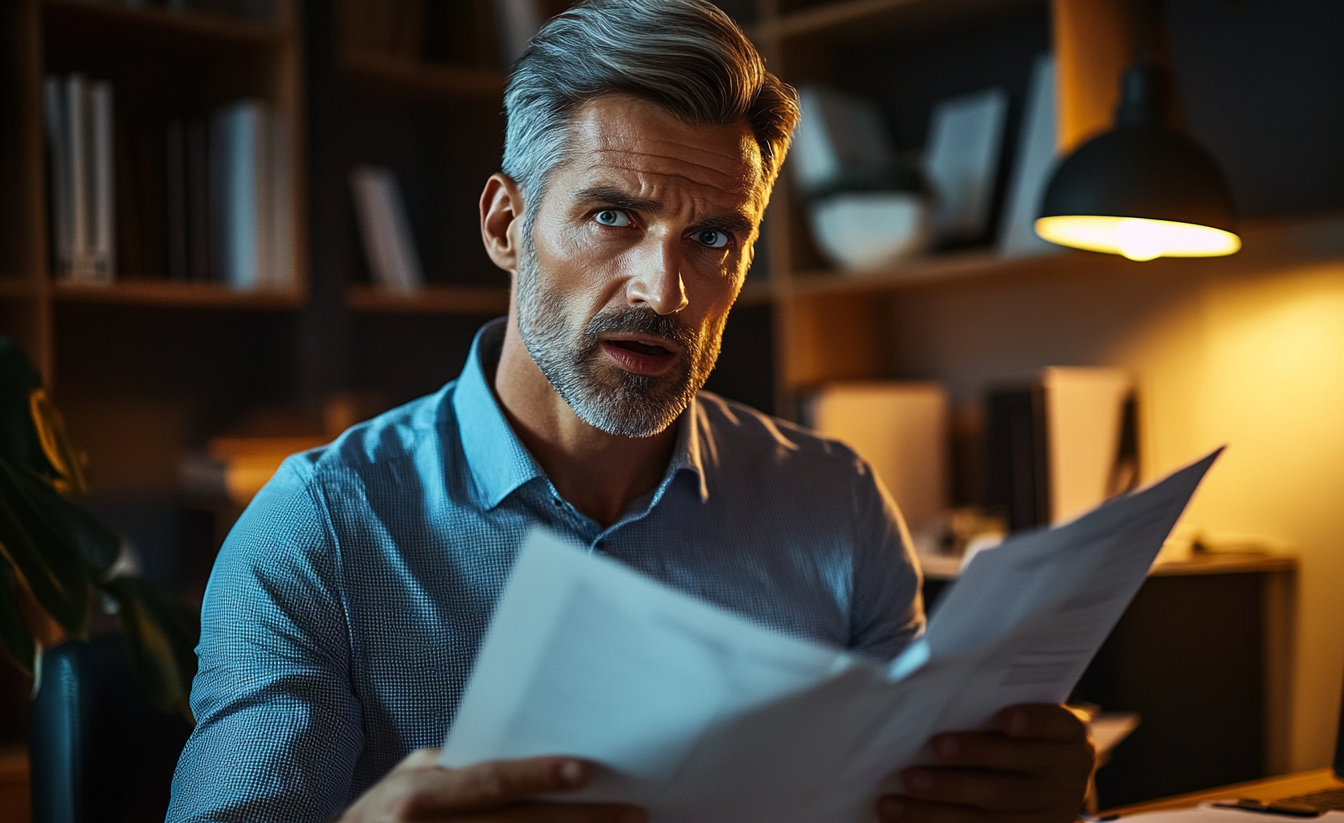 Ein Mann, der in einem Büro zu Hause Dokumente in der Hand hält und überrascht aussieht | Quelle: Midjourney