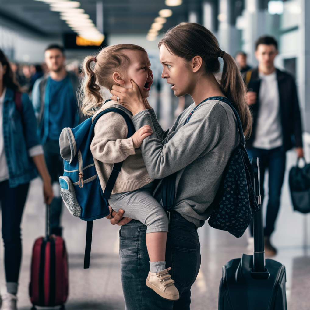 Eine verzweifelte Frau steht mit ihrem weinenden Baby am Flughafen | Quelle: Midjourney