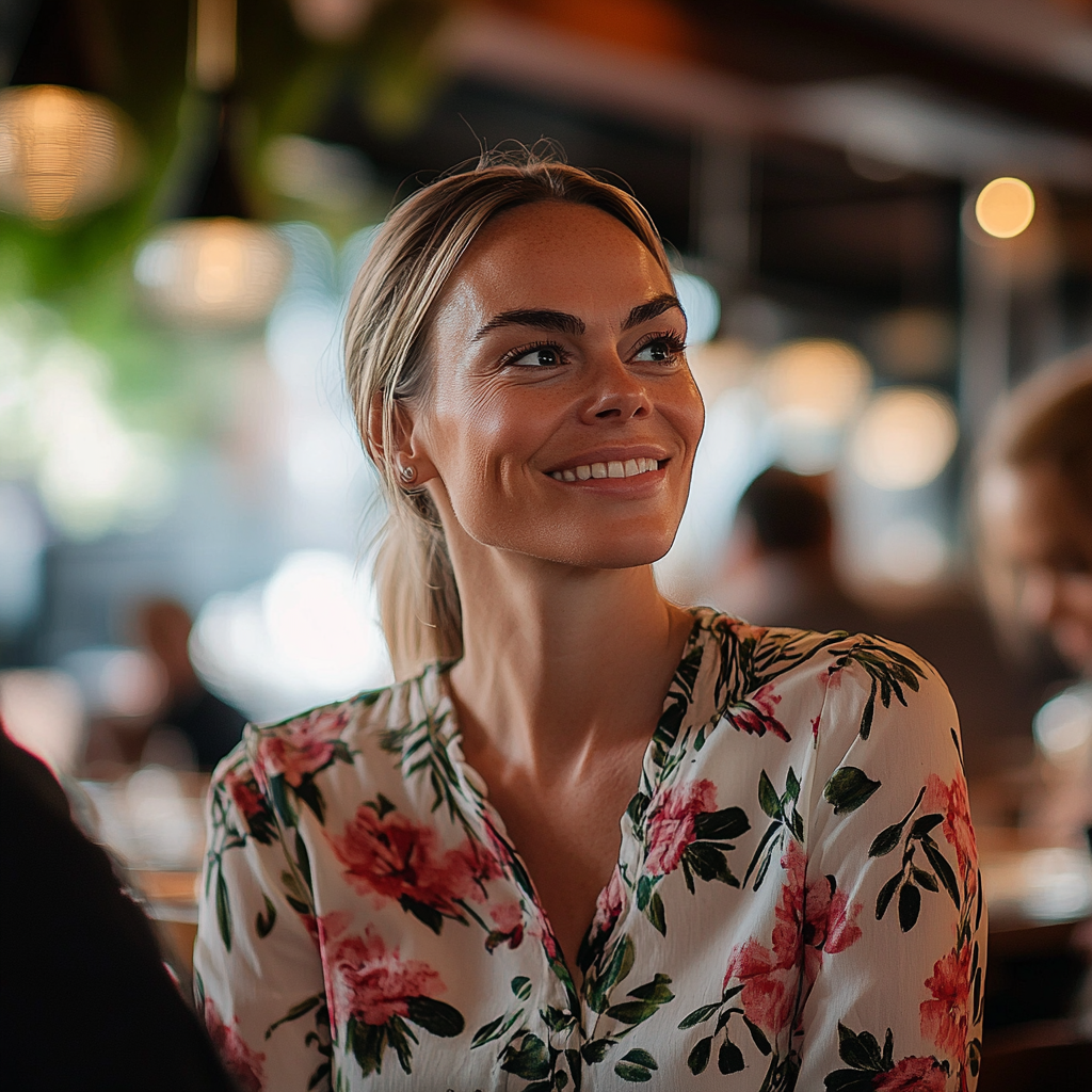 Eine Frau lächelt, während sie jemanden in einem Restaurant ansieht | Quelle: Midjourney