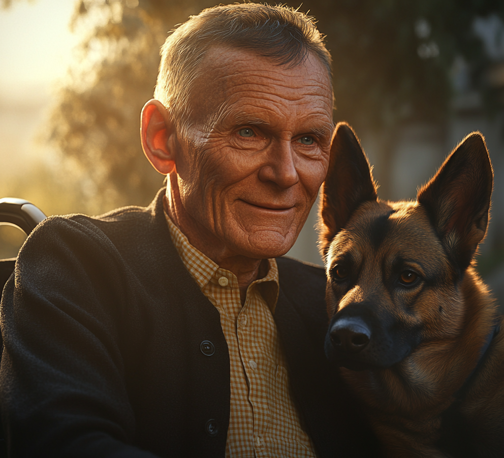 Ein begeisterter älterer Mann mit einem Deutschen Schäferhund | Quelle: Midjourney