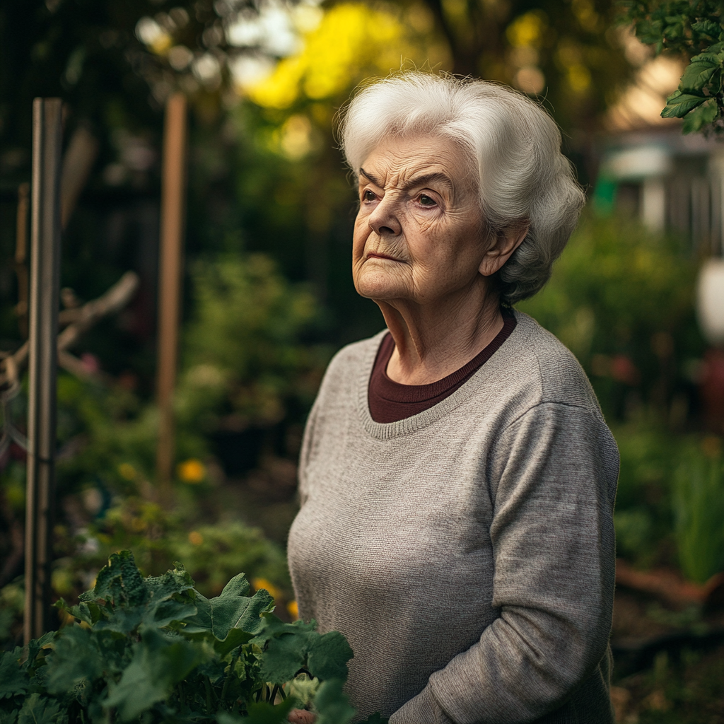 Eine nachdenkliche und neugierige ältere Frau in ihrem Garten | Quelle: Midjourney