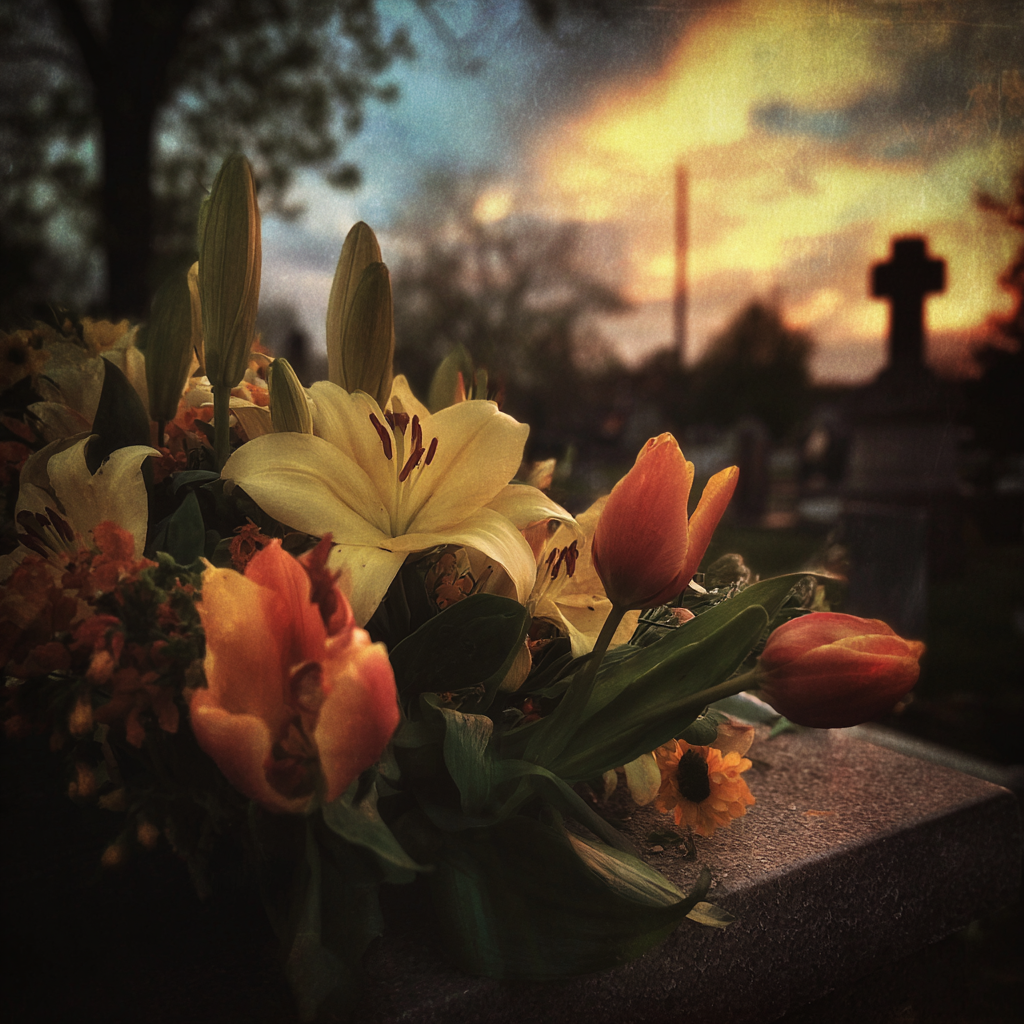Ein Blumenstrauß auf einem Friedhof | Quelle: Midjourney