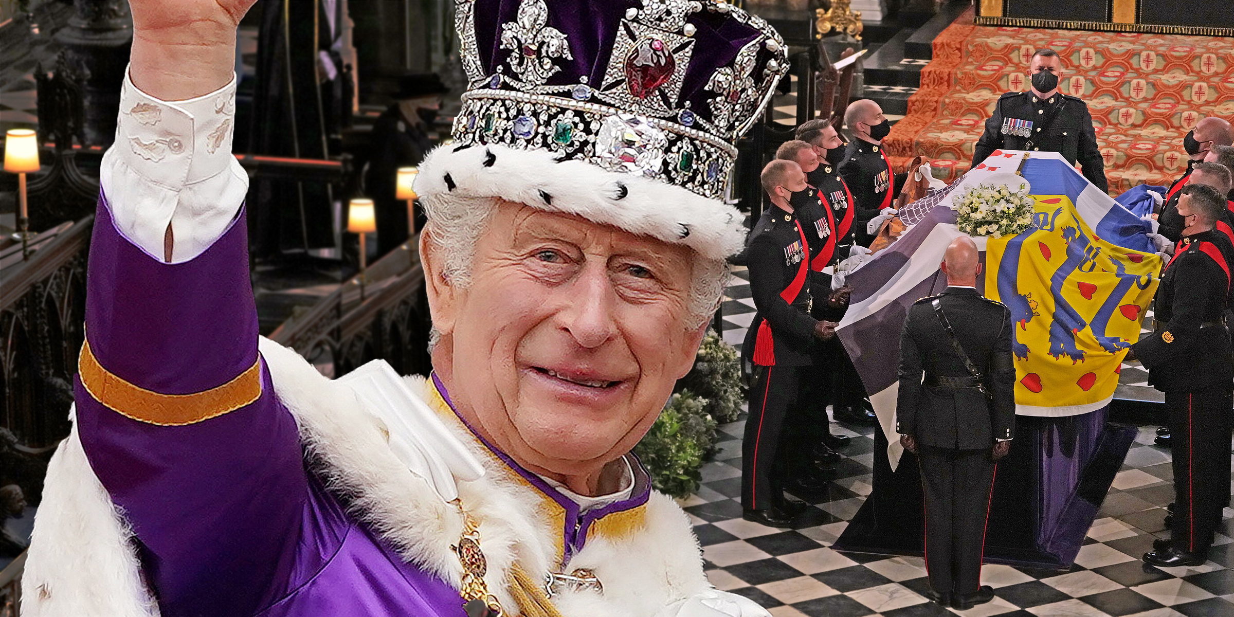 König Charles III. am 6. Mai 2023 | Prinz Phillips Beerdigung am 17. April 2021 | Quelle: Getty Images