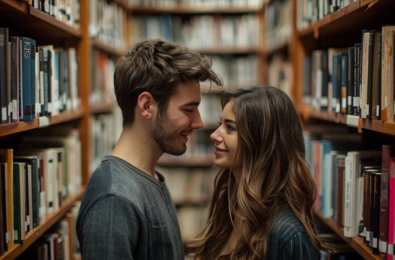 Ein Mann, der eine Frau in einem Buchladen um ein Date bittet | Quelle: Midjourney