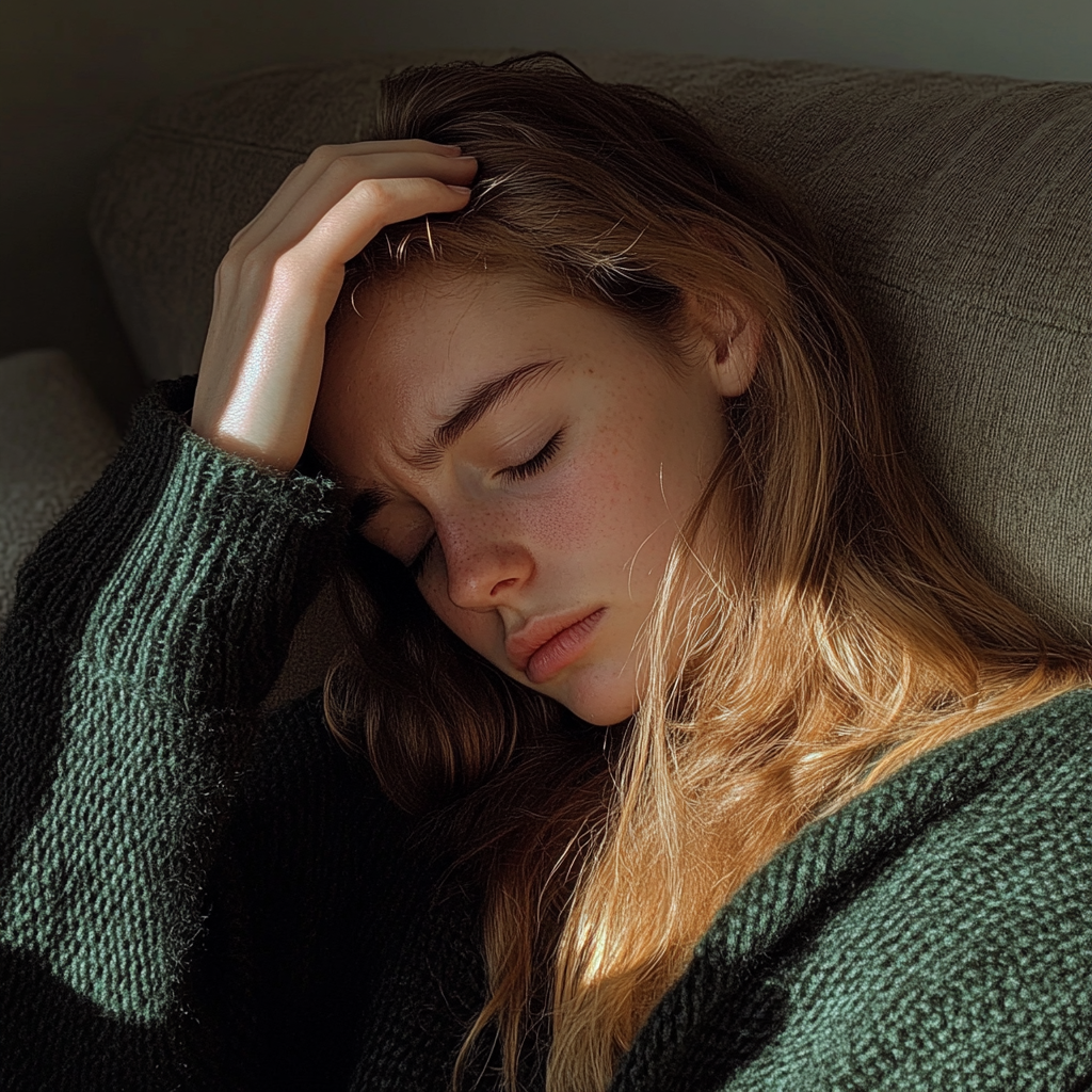 Eine emotionale Frau, die auf einer Couch sitzt | Quelle: Midjourney