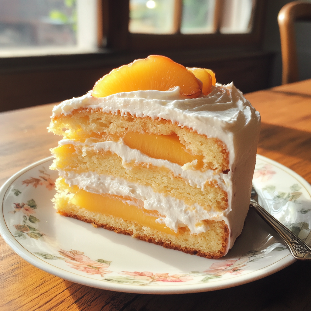 Ein Stück Pfirsich-Biskuitkuchen | Quelle: Midjourney