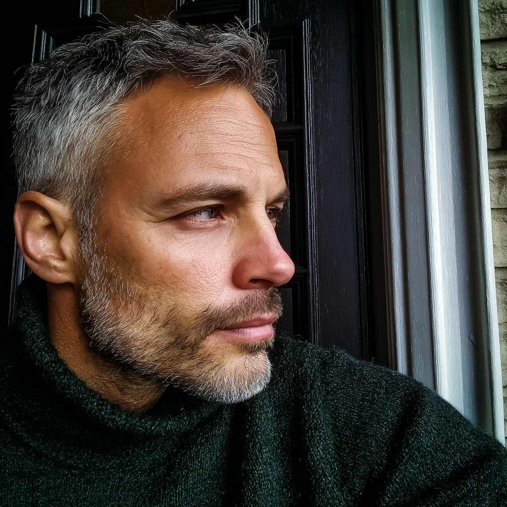 Ein Mann steht an seiner Haustür und trägt einen grünen Pullover | Quelle: Midjourney