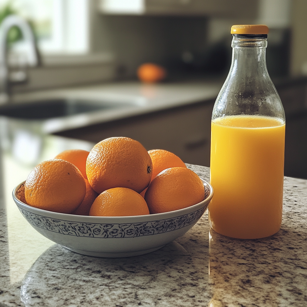 Eine Flasche Orangensaft und frische Orangen auf einem Tresen | Quelle: Midjourney