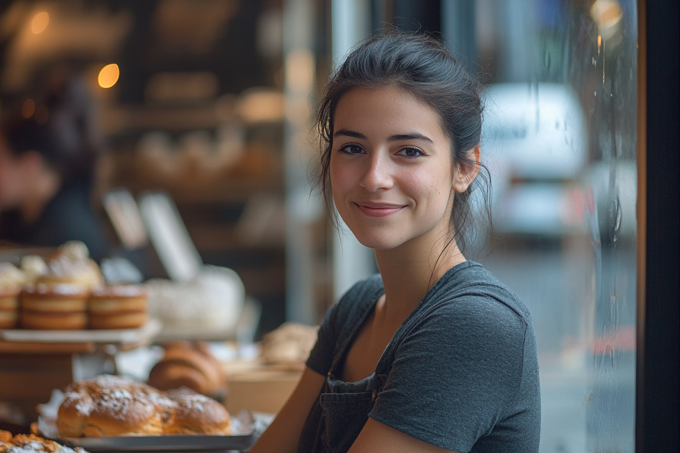 Eine lächelnde Frau am Fenster einer Bäckerei | Quelle: Midjourney