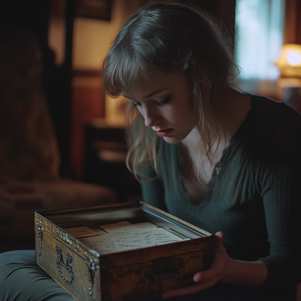 Eine Frau schaut in eine Schachtel mit Buchstaben ⏐ Quelle: Midjourney