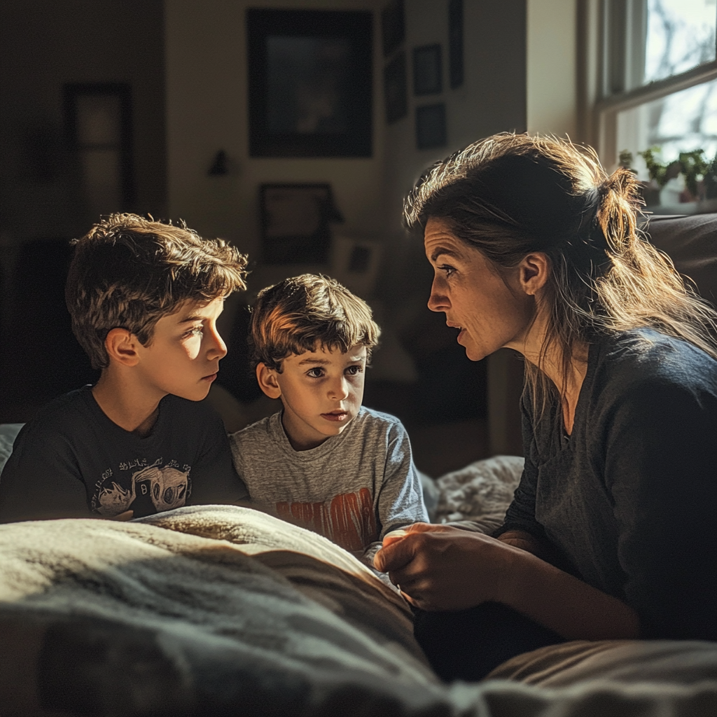 Mutter spricht mit ihren Söhnen in ihrem Zimmer | Quelle: Midjourney