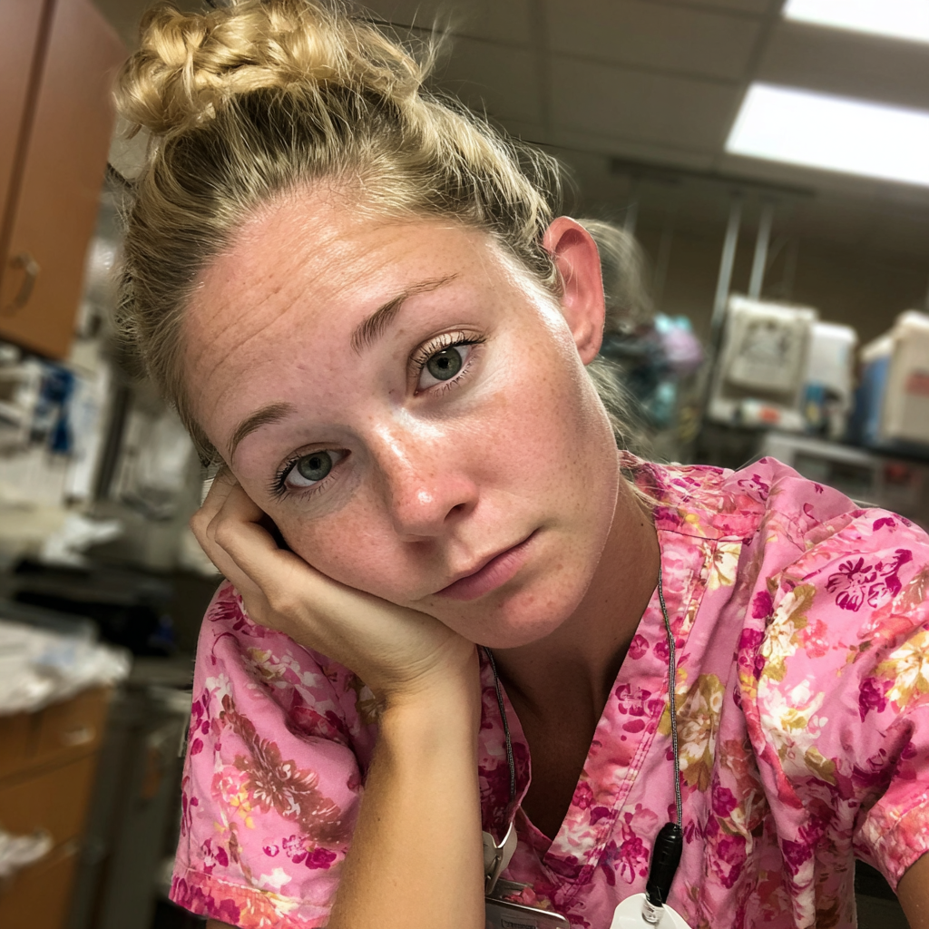 Eine Nahaufnahme einer erschöpften Krankenschwester | Quelle: Midjourney