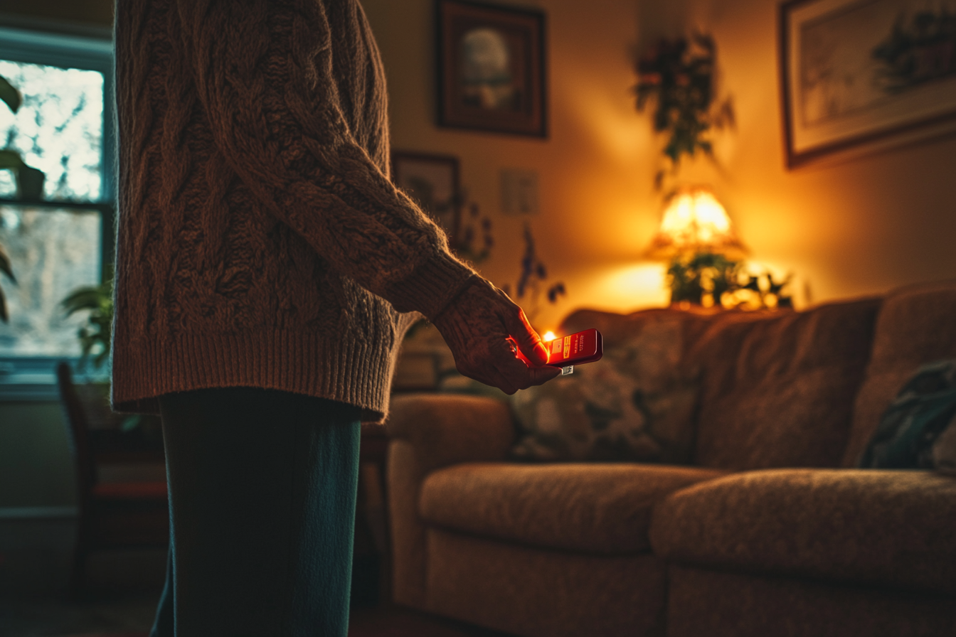 Mulher na faixa dos 50 anos tomando remédio prescrito para alergia na sala de estar | Fonte: Midjourney