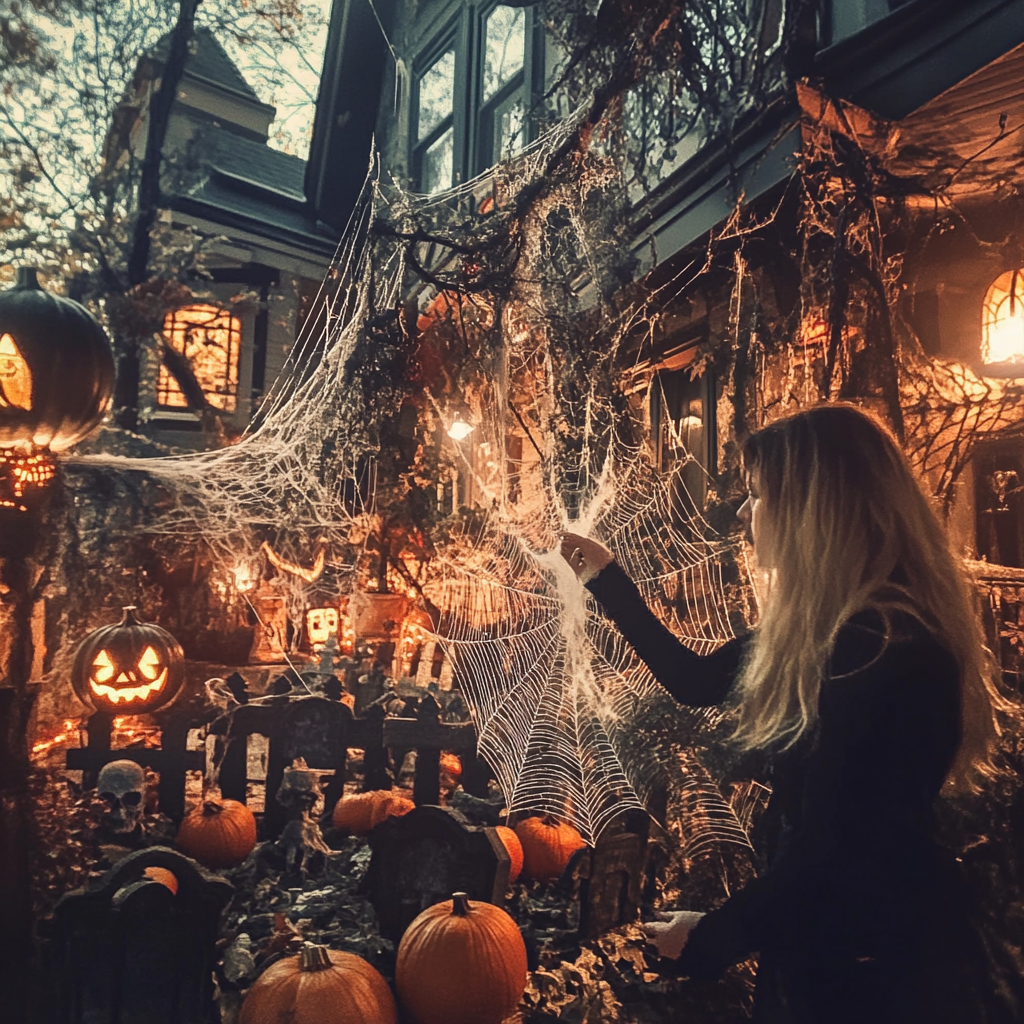 Eine Frau steht vor ihrem Haus, umgeben von gruseliger Halloween-Dekoration. | Quelle: Midjourney