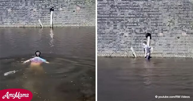 Ein Mann wird als Held gefeiert, weil er über einen Kanal schwamm um eine Katze zu retten