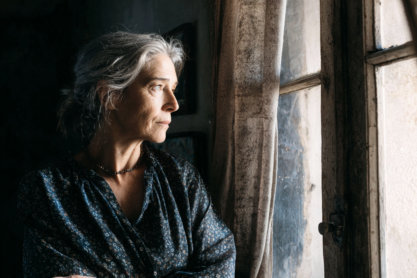 Eine ältere Frau, die an einem Fenster steht | Quelle: Midjourney