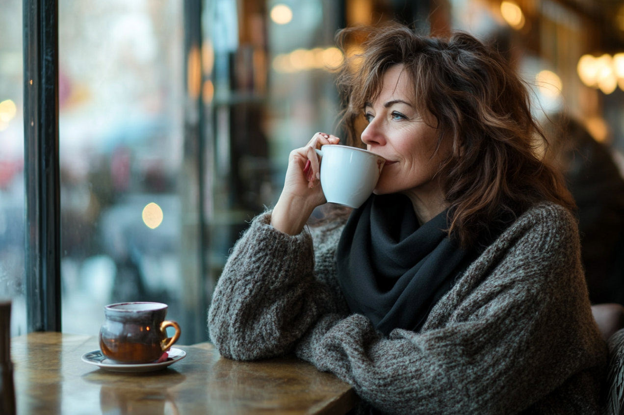 Eine Frau trinkt in einem Cafe | Quelle: Midjourney