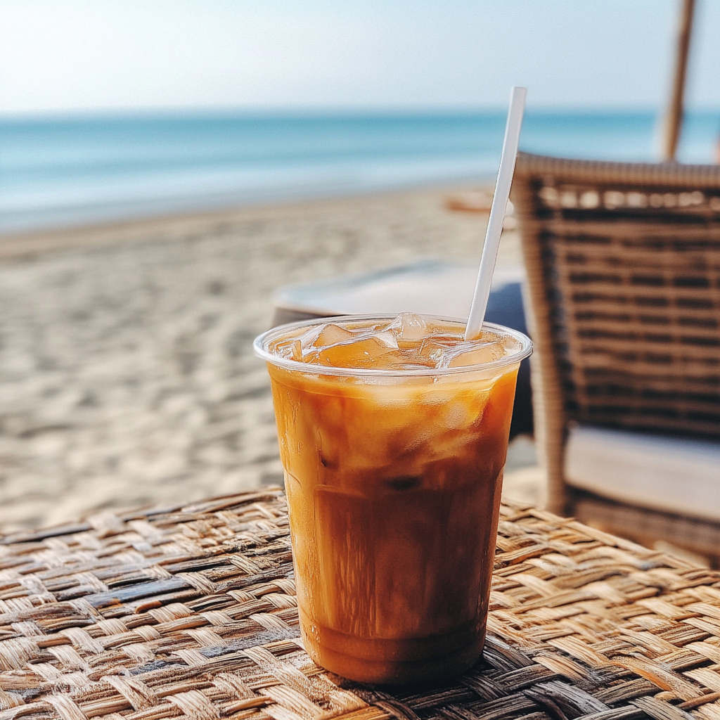 Ein Eiskaffee auf einem Korbtisch | Quelle: Midjourney