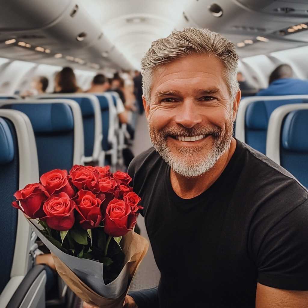 Ein lächelnder Mann hält einen Rosenstrauß in einem Flugzeug | Quelle: Midjourney
