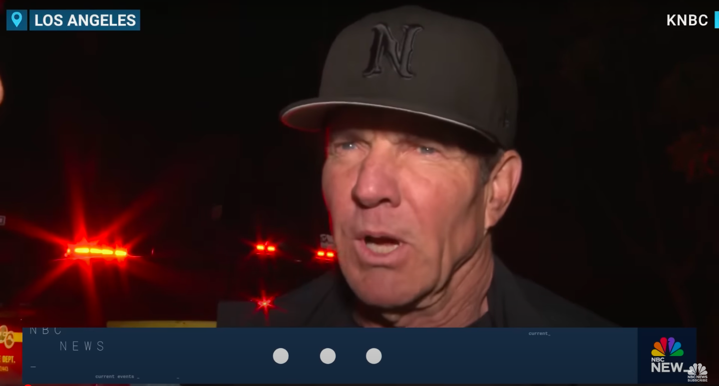 Dennis Quaid spricht mit KNBC-Reporter Robert Kovacik über die Waldbrände in Kalifornien, aufgenommen am 11. Januar 2025. | Quelle: YouTube/NBC News