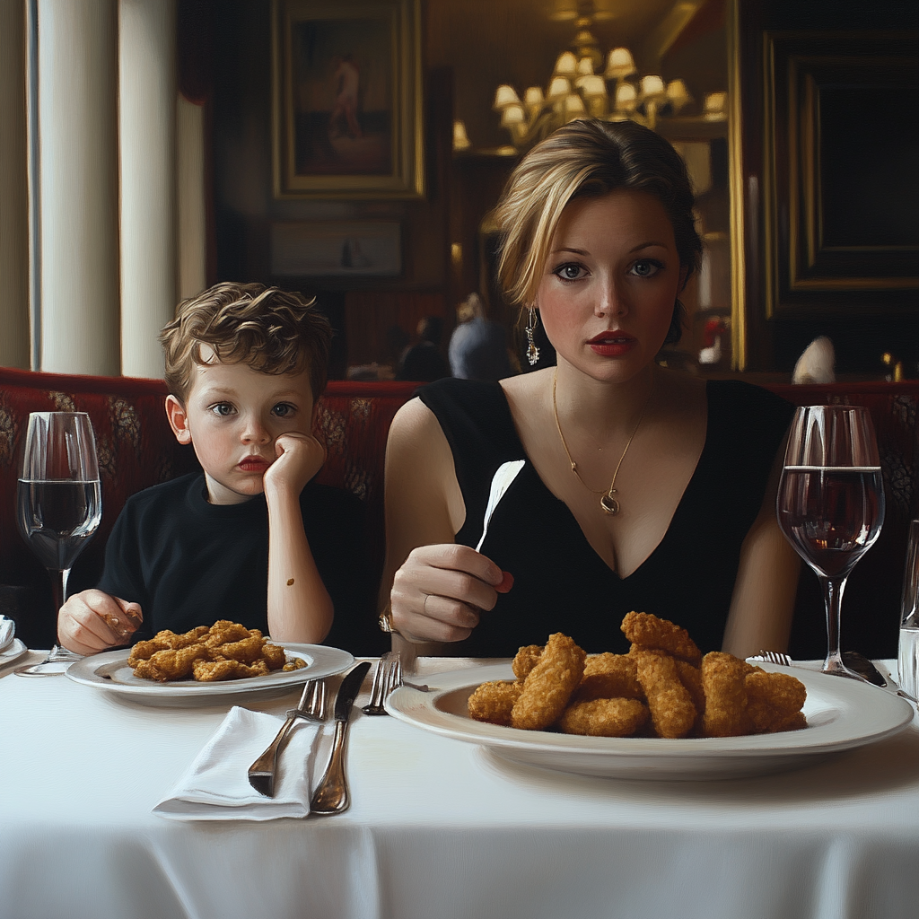 Mutter und Sohn beim Essen in einem schicken Restaurant | Quelle: Midjourney