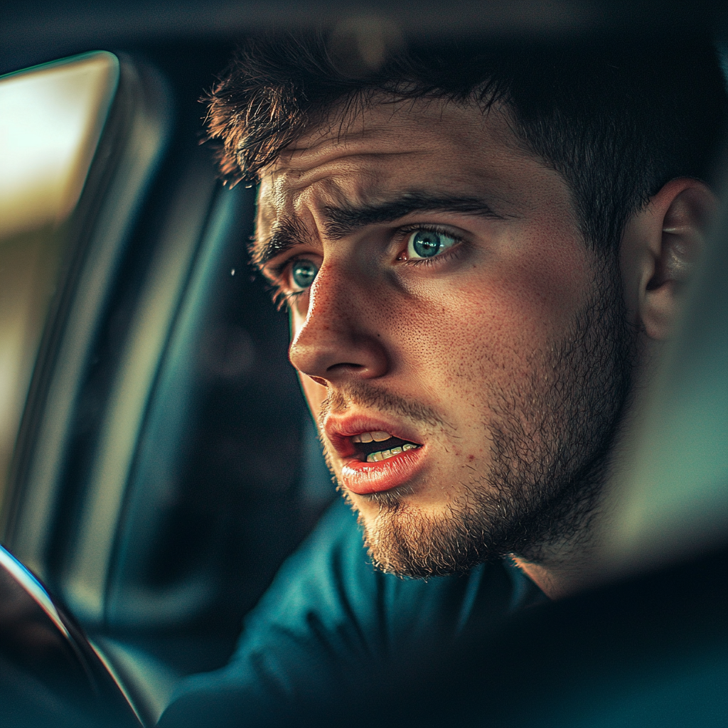 Ein überraschter Mann in einem Auto | Quelle: Midjourney