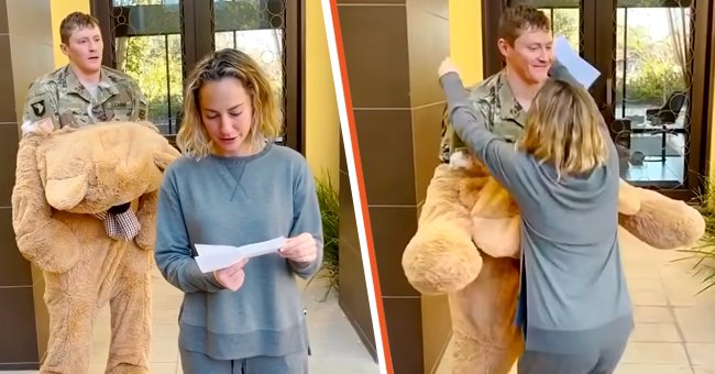 Megan liest einen Brief, während Ryan in einem Teddybär-Anzug hinter ihr steht [links]; Megan umarmt Ryan, der einen Teddybär-Anzug trägt [rechts]. | Quelle: Youtube.com/Funny World