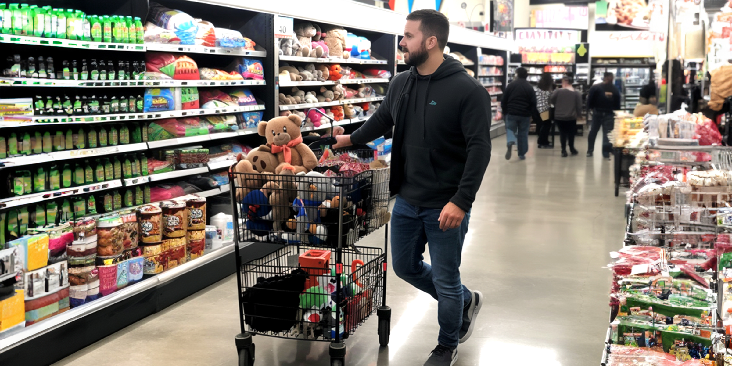 Ein Mann steht mit einem Wagen voller Spielzeug in einem Laden | Quelle: Amomama