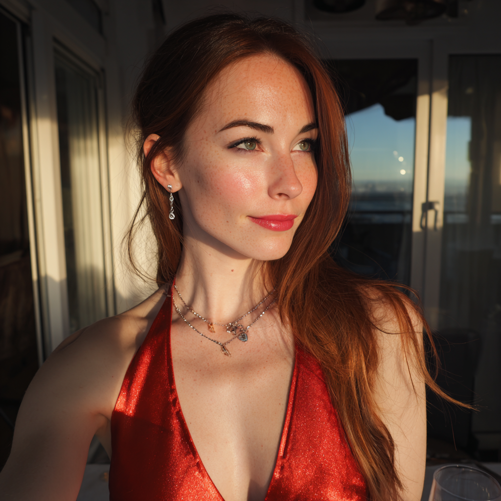 Uśmiechnięta kobieta w czerwonej sukience | Źródło: Midjourney