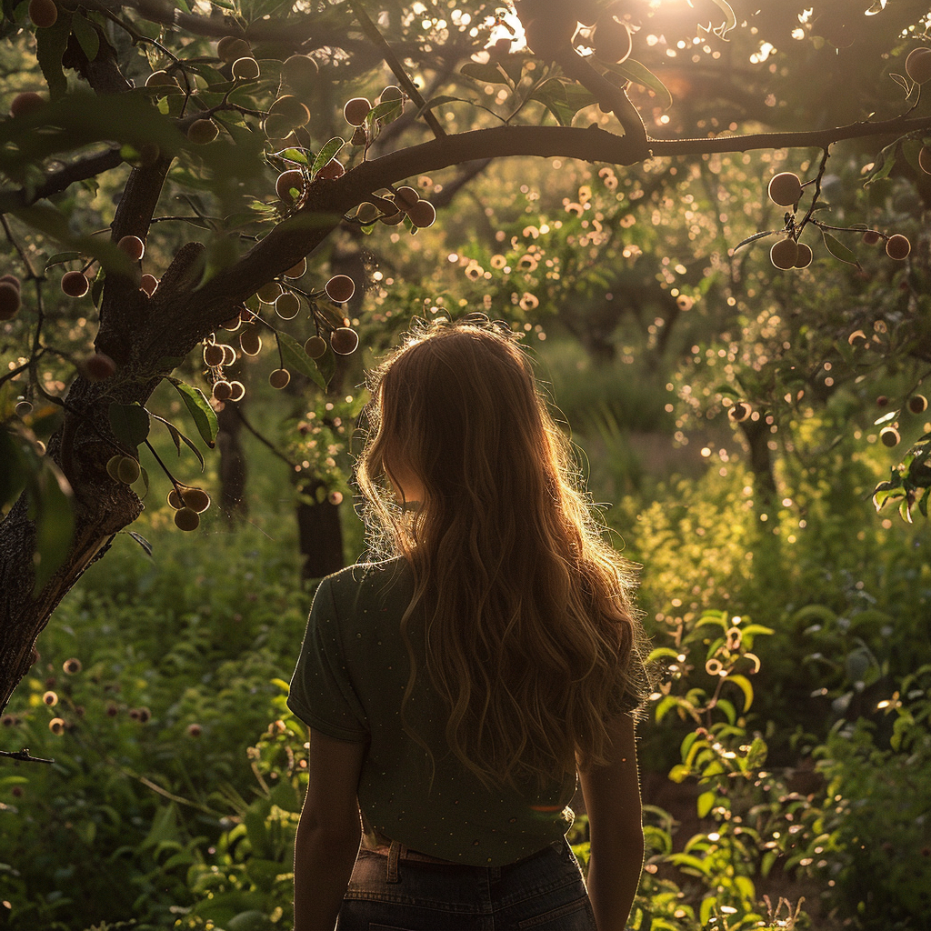 Eine Frau in einer Pfirsichplantage | Quelle: Midjourney