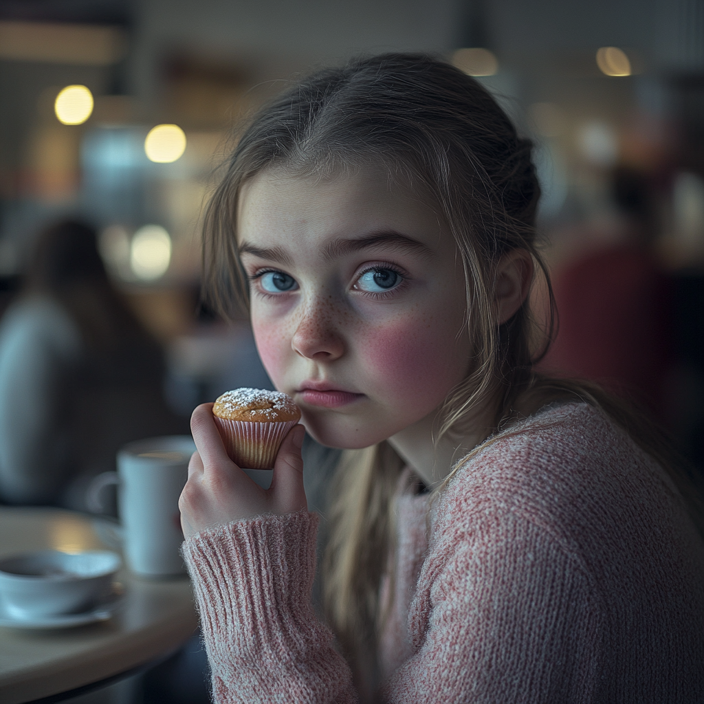 Ein junges Mädchen isst einen Muffin, während sie in einem kleinen Café sitzt | Quelle: Midjourney