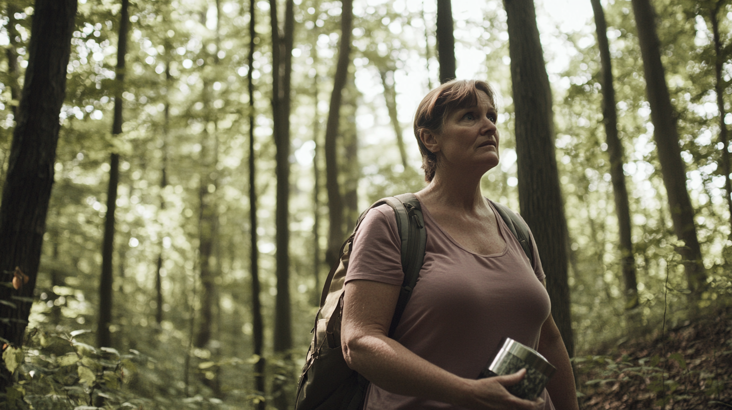 Eine Frau mit einer Aschenurne begibt sich alleine auf eine Reise durch den Wald | Quelle: Midjourney