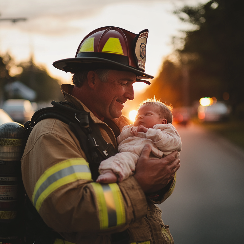 Ein Feuerwehrmann, der ein neugeborenes Baby sanft in den Arm nimmt | Quelle: Midjourney