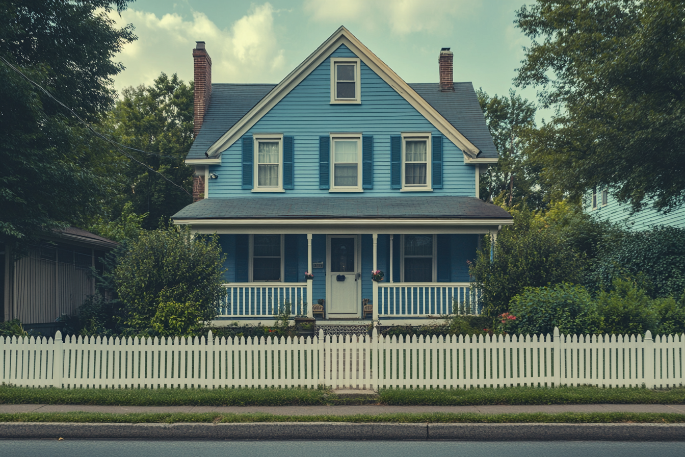 Ein blaues zweistöckiges Haus mit einem weißen Lattenzaun | Quelle: Midjourney