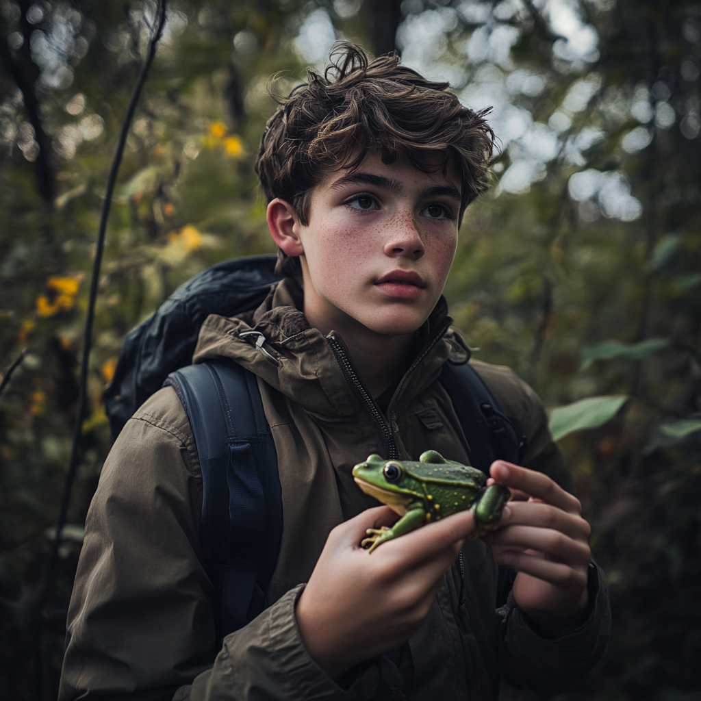 Ein Junge im Wald, der einen grünen Frosch hält | Quelle: Midjourney