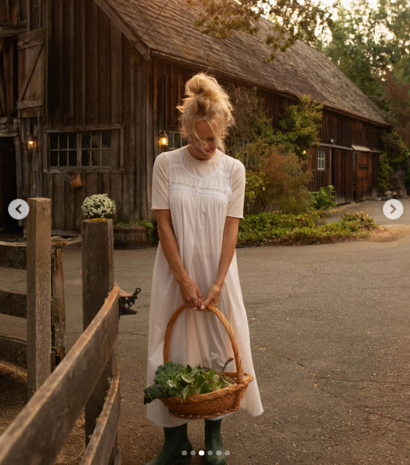 Pamela Anderson lächelt sanft, während sie einen geflochtenen Korb voller frisch geerntetem Gartengrün vor der rustikalen Holzscheune in Arcady trägt. In einem luftigen weißen Kleid und grünen Gummistiefeln verkörpert sie die bodenständige Einfachheit des Landlebens und feiert gleichzeitig „Pamela’s Cooking with Love“, wobei sie ihre Dankbarkeit für eine Sendung zum Ausdruck bringt, in deren Mittelpunkt ihre geliebte Farm und ihr Garten auf Vancouver Island stehen. | Quelle: Instagram/pamelaanderson