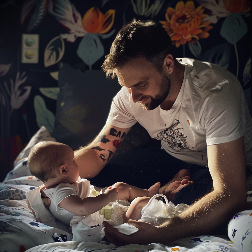 Tom wechselt die Windel von Baby Luc | Quelle: Midjourney