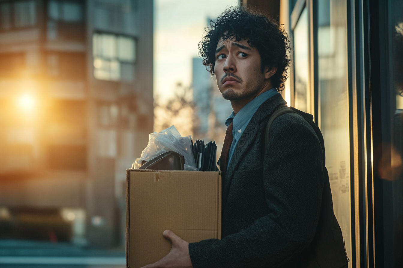 Ein Mann steht auf der Straße und hält eine Kiste mit Büroartikeln in der Hand, nachdem er gerade gefeuert wurde | Quelle: Midjourney