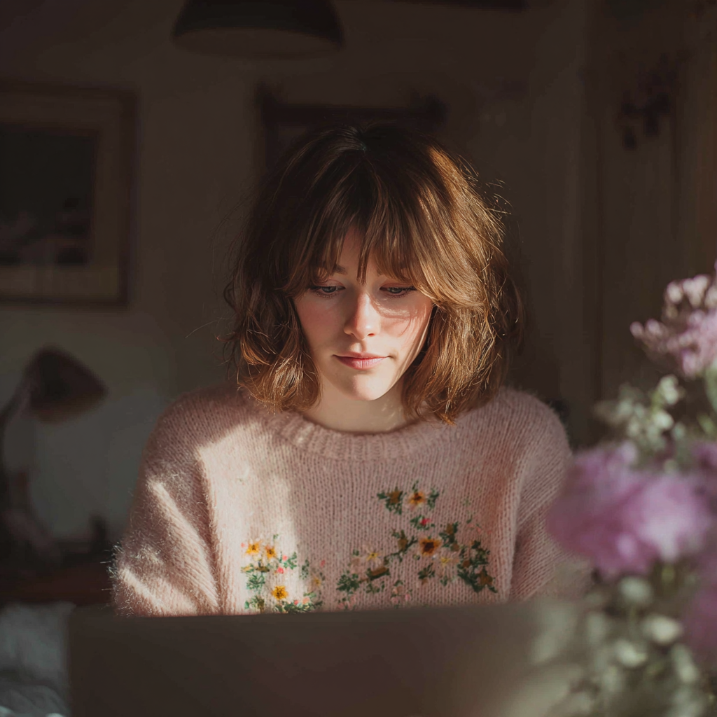 Eine Frau sitzt an einem Schreibtisch und benutzt ihren Laptop | Quelle: Midjourney