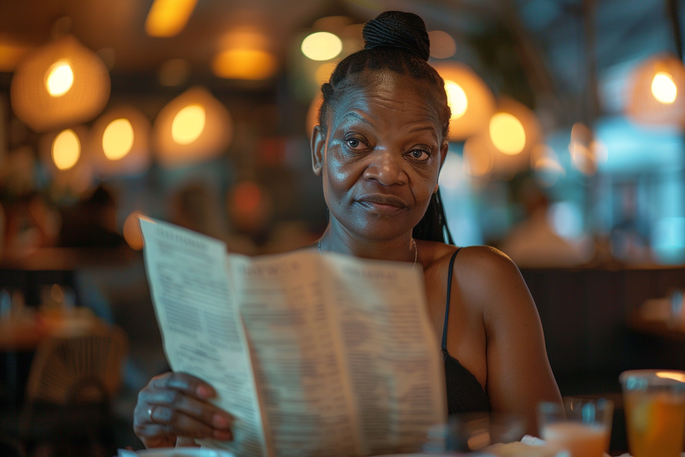 Eine Frau mit einer hochgezogenen Augenbraue in einem Restaurant | Quelle: Midjourney