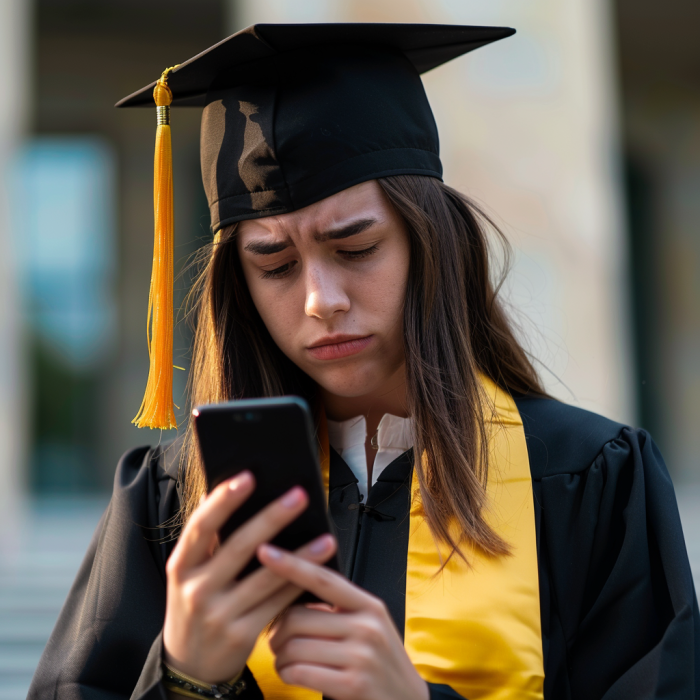 Eine junge Frau in einem Abschlusskleid überprüft ihr Handy | Quelle: Midjourney