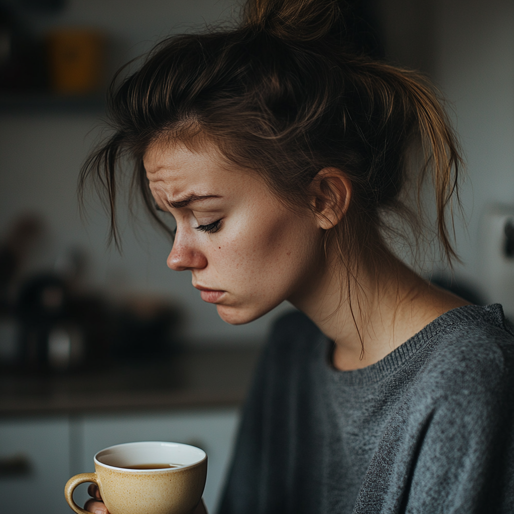 Eine Frau, die stirnrunzelnd auf ihre Tasse Tee starrt | Quelle: Midjourney