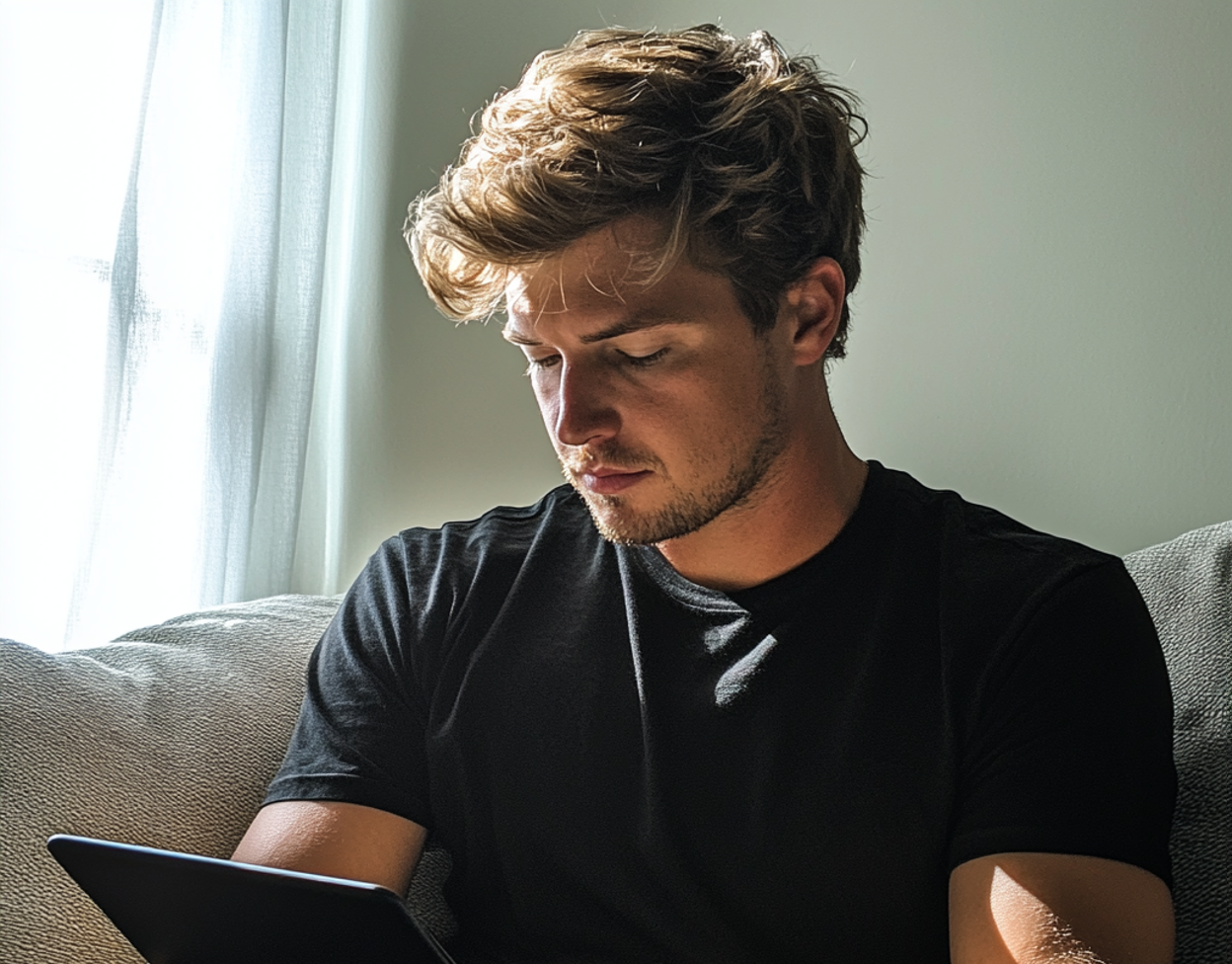 Ein Mann sitzt auf einer Couch und benutzt ein Tablet | Quelle: Midjourney